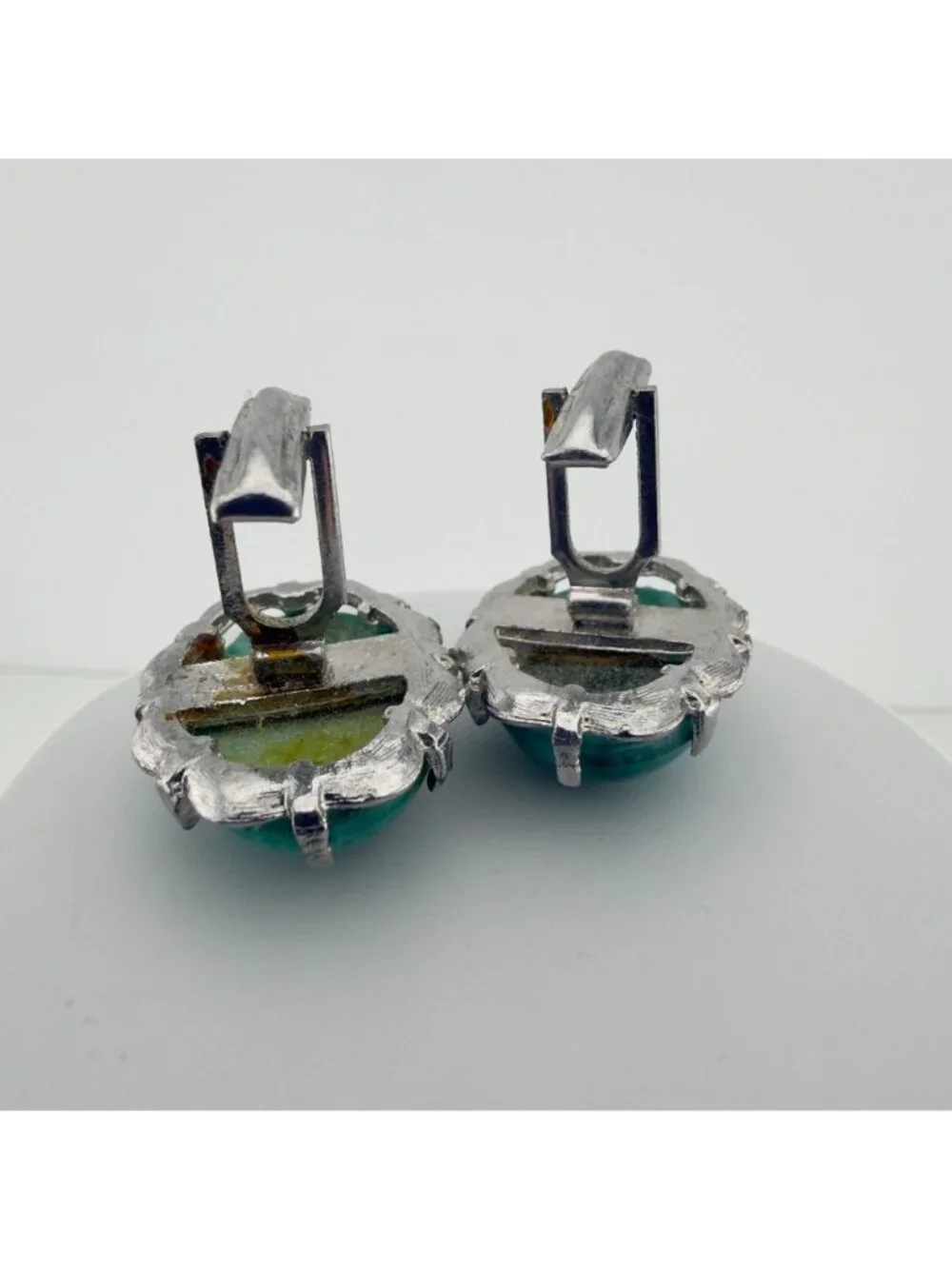 Vintage Green Domed Cabochon Cuff Links Silver Tone Mid Century
